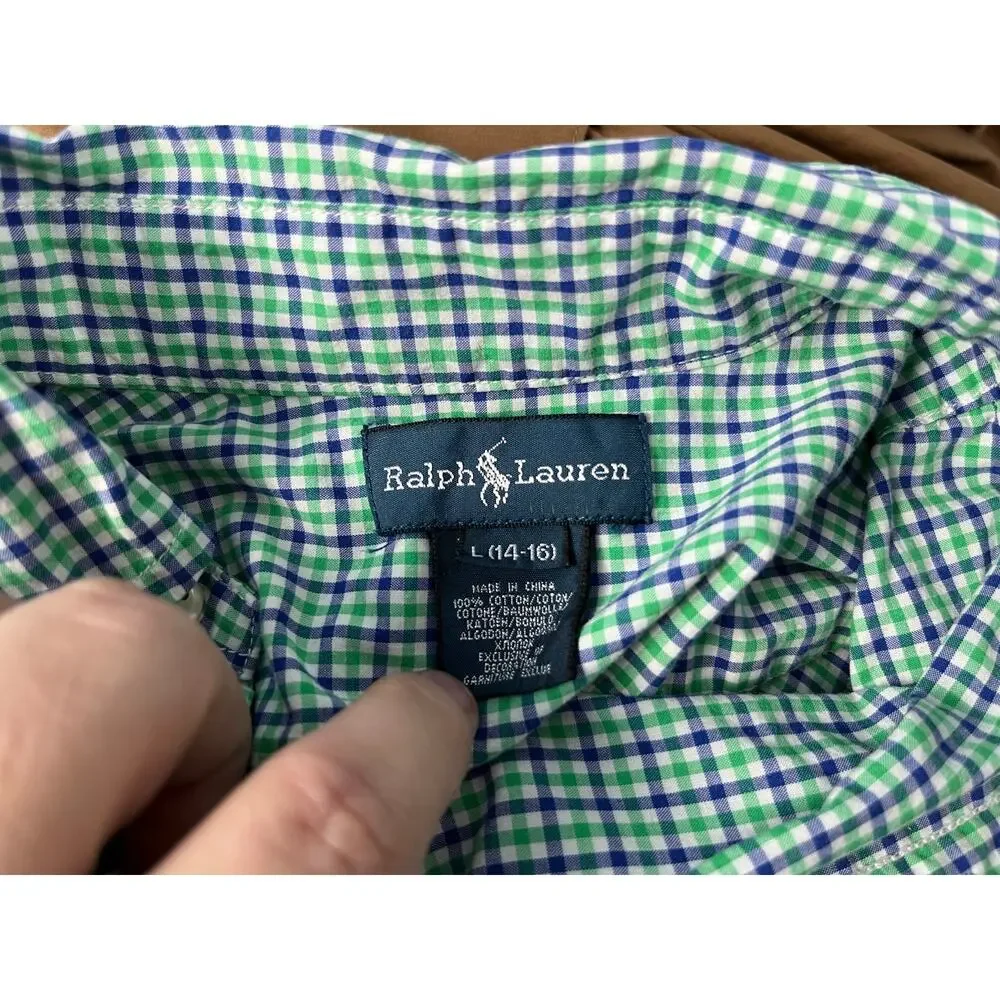 Ralph Lauren Shirt Boys Size 14-16 Blue Green Plaid Preppy Spring